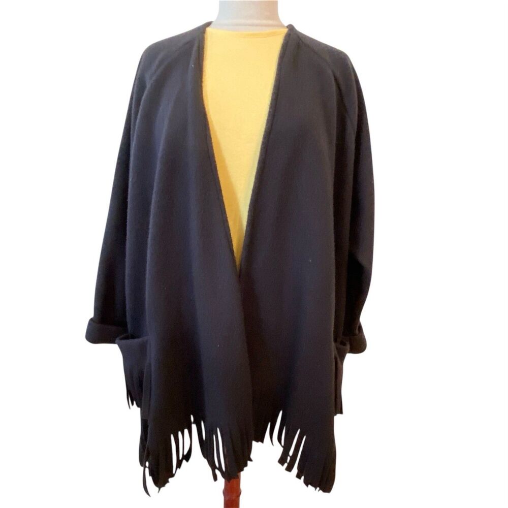 Forenza Soft Fleece FRINGE Cardigan Black LAGENLOOK Oversized Goth OS EUC